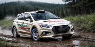 Rally car, (Hyundai), in the wild, rainy, mud stained, front view, (masterpiece, best quality, extremely detailed), (realistic, photorealistic, high resolution) 