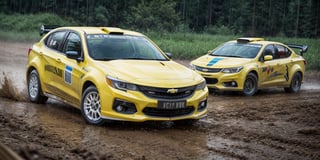 Rally cars, sedan, yellow paint, (Chevrolet), in the wild, rainy, dirt stained, front view, (masterpiece, best quality, extremely detailed), (realistic, photorealistic, high resolution) 