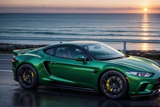 super cars, in the road, sea, green paint, sunset, side view, (masterpiece, best quality, highly detailed) 