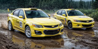 Rally cars, sedan, yellow paint, (Chevrolet), in the wild, rainy, dirt stained, front view, (masterpiece, best quality, extremely detailed), (realistic, photorealistic, high resolution) 