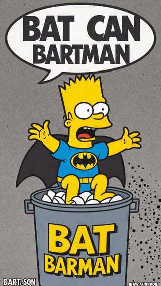 Photo of Bart Simpson as batman in garbage can with text bubble that says "Bat can Bartman"