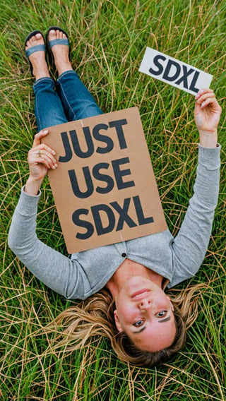 Photo of woman lying on the grass with a sign that says "just use SDXL"