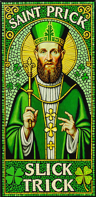 (masterpiece, best quality, ultra-detailed), Image of Saint Patrick, four leaf clover mosaic, with text that says "Slick Trick"