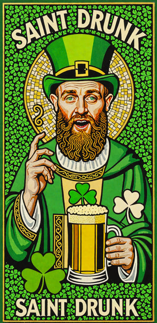 (masterpiece, best quality, ultra-detailed), Image of a drunk Saint Patrick, four leaf clover mosaic, with text that says "Saint Drunk"