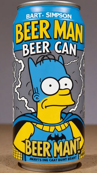 Photo of Bart Simpson as batman in beer can with text that says "Beer man Bart can"
