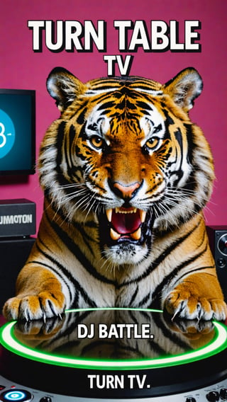 Photo of angry tiger in dj battle with text bubble that says "turn table tv"