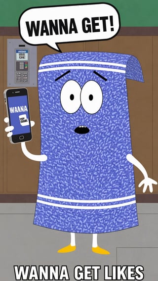 Photo of Towelie in south park yelling at cellphone with a text bubble that says "wanna get likes"