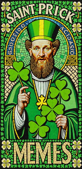 (masterpiece, best quality, ultra-detailed), Image of Saint Patrick, four leaf clover mosaic, with text that says "Memes XL"