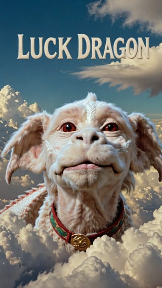 Photo of falkor in clouds with text that says "luck dragon" 