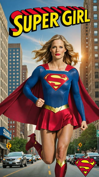 Photo of Supergirl in city with text that says "super girl"