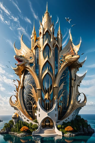 (best quality,  highres,  ultra high resolution,  masterpiece,  realistic,  extremely photograph,  detailed photo,  8K wallpaper,  intricate detail,  film grains), luxurious surreal scene of a giant vertical castle with dragon and hypersound rocket in parametric style, with flowing curves in black and white marble, gold metal and iridescent glass, inspired by Zaha Hadid, symmetrical, flowing curves and pointed corners, an aggressive design and imposing with details in art deco style, located inside the ocean, with fish and sharks and octopuses with coral reefs