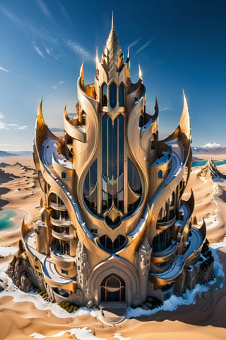 (best quality,  highres,  ultra high resolution,  masterpiece,  realistic,  extremely photograph,  detailed photo,  8K wallpaper,  intricate detail,  film grains), luxurious surreal scene of a giant vertical castle with dragon and hypersound rocket in parametric style, with flowing curves in black and white marble, gold metal and iridescent glass, inspired by Zaha Hadid, symmetrical, flowing curves and pointed corners, an aggressive design and imposing with details in art deco style, located in a striking, magical and resplendent dreamlike setting on a beach in a valley surrounded by snow-capped mountains and bright sand dunes, Warm during the day, cool at night, Soft shine in the water of the lake and dunes