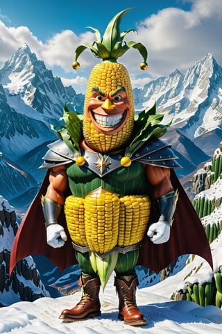 High definition photorealistic render of an incredible and mysterious character of a head mr corn vegetable warrior, with muscles and a big smile, with boots and capes, in a mountains snow, with luxurious details in marble and metal and details in parametric architecture and art deco, the vegetable It must be the head of the character full body pose themed  corn themed costumes, magical phantasy