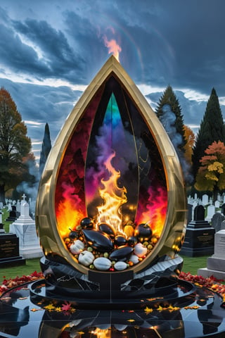 (best quality,  highres,  ultra high resolution,  masterpiece,  realistic,  extremely photograph,  detailed photo,  8K wallpaper,  intricate detail,  film grains),  photorealistic high definition photography of a luxurious Halloween mega gigant sculpture terrifying in marble and gold metal with iridescence effect,  in an abandoned cemetery,  with parametric style of zaha hadid,  path of candles,  rocks,  autumn scene with blood, fire and smoke rainbow,  enigmatic darkness, ghost,  professional photography with blur and professional ISO parameters and high shutter speed,  lightning in a mysterious night the cemetery must have tombs with fluid and organic and pointed shapes,  in metal,  marble and iridescent glass,  with symmetrical curves on a marble background,  details in black and white gold,  ruby,  inspired by Zaha Hadid's style,  golden iridescence,  with details in black and white. The design is inspired by the Tomorrowland 2022 main stage,  with ultra-realistic Art Deco details and a high level of iridescent image complexity.