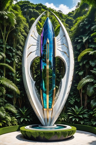 (best quality,  highres,  ultra high resolution,  masterpiece,  realistic,  extremely photograph,  luxurious parametric sculpture in marble and metal of a mega rocket with giant glass wings, in marble and iridescent metal, rainbow, located in a thick jungle, jungle with a lot of vegetation invading the sculpture, with roots and vines, and stones with muses inspired by Zaha Hadid's sculptural designs must be symmetrical and with shapes similar to wings, and in the middle there must be a sword with a gothic throne-style design and in general, everything with very fluid curves and pointed corners, an aggressive and imposing design with lots of details. In each parametric curve, the design must be inside a castle with marble, fire pits and decorative water fountains and particles of smoke and dust, details in precious stones, art deco details