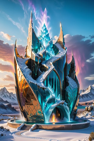 (best quality,  highres,  ultra high resolution,  masterpiece,  realistic,  extremely photograph,  detailed photo,  8K wallpaper,  intricate detail,  film grains), luxurious gigant castle with shield and dragon in parametric style in marble, metal and iridescent glass, located in an arid desert, surrounded by mountains of snow on a night of snow particles in the air with smoke, lightning, ice, cold, auroras boreal and rainbow fire effects, with a starry sky and turquoise lakes with vegetation and flowers, a design inspired by the sculptural designs of Zaha Hadid, it must be symmetrical, and all with very fluid curves and pointed corners, an aggressive and imposing design with lots of detail in each parametric curve, decorative marble water fountains