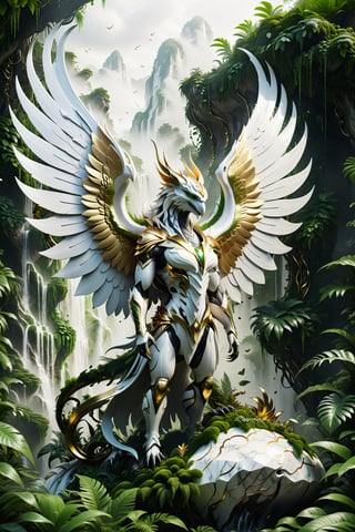 High definition photorealistic render of an incredible and mysterious futuristic mythical creating creature inusual whit very wing misticals, in splosion monster with parametric shape and structure in the word, curved and fluid shapes in a thick jungle full of a lot of vegetation and trees with vines and rocks with moss, in white marble with intricate gold details, luxurious details and parametric architectural style in marble and metal, epic pose
​