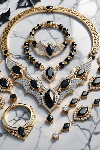 photorealistic render in high definition of a jewelry set that includes a necklace, a bracelet, a ring and a pair of earrings, made of diamonds and black precious stones, this entire set must be themed in the shape of a BAT, until its presentation, the background mustWHITE MARBLE, GOLD, iridescent glass and marble and luxurious oriental external decoration, full of elegant mystery, symmetrical, geometric and parametric details, Technical design, Ultra intricate details, Ornate details, Stylized details, Cinematic lighting, 8k, Unreal , Photorealistic, Hyperrealism, CGI, VFX, SFX