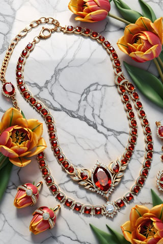 photorealistic render in high definition of a jewelry set that includes a necklace, a bracelet, a ring and a pair of earrings, all of these must be made of diamonds and orange and yellow precious stones, since they must be themed or symbolically represent a tulip, marble and fabric decoration red color composition tulips, its inspiration in a rose makes it elegant, decoration in glass and marble and luxurious oriental external decoration, full of elegant mystery, symmetrical, geometric and parametric details, Technical design , Ultra intricate details, Ornate details, Stylized details, Cinematic lighting, 8k, Unreal, Photorealistic, Hyperrealism, CGI, VFX, SFX