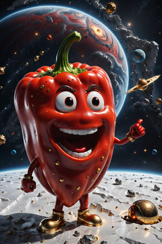 High definition photorealistic render of an incredible and mysterious character red pepper with eyes and smile located in interstellar space with planets, shooting stars, meteorites, cosmic matter and interstellar space with stars, a vegetable that colonized a new place, in white marble with intricate gold details, luxurious details and parametric architectural style in marble and metal, epic pose
​