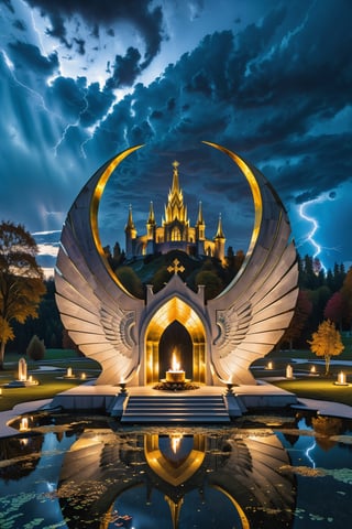 (best quality,  highres,  ultra high resolution,  masterpiece,  realistic,  extremely photograph,  detailed photo,  8K wallpaper,  intricate detail,  film grains)  high definition photorealistic photography of a luxurious terrifying sculpture of a mega tomb parametric gold design in the shape of a castle with feather wings in an abandoned cemetery, built parametric symmetrically inspired by the constructions of Zaha Hadid, in the middle and in the foreground there must be an enigmatic ghost with candles and candlestick hat, the cemetery must have blood with stone paths and lit candles with bat wings, the sculpture must have sharp points and fluid and symmetrical curves, in marble and gold metal with an iridescent effect, in an abandoned lake with darkness and clouds and rocks with moss, and symmetrical lightning bolts and bridges with vegetation, behind the skull there must be a structure with bat wings, with parametric style by Zaha Hadid, autumn lake Halloween scene with rainbows, blood, fire and smoke, enigmatic darkness, professional photography with blur and professional ISO parameters and high shutter speed, lightning in a mysterious night and extra details in iridescent glass, ruby black diamonds, inspired by the style of Zaha Hadid, golden iridescence, with black and white details . The design is inspired by the Tomorrowland 2022 main stage, with ultra-realistic Art Deco details and a high level of iridescent image complexity.
