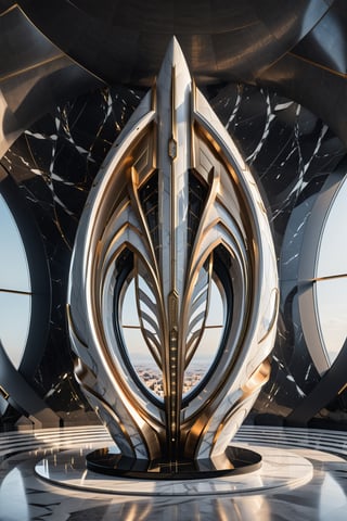 (best quality,  highres,  ultra high resolution,  masterpiece,  realistic,  extremely photograph,  detailed photo,  8K wallpaper,  intricate detail,  film grains),  Photorealistic representationof a luxurious parametric sculpture in marble and metal of a mega rocket with wings, inspired by Zaha Hadid's sculptural designs, it must be symmetrical and with shapes similar to wings, caotic swarowski with very fluid curves and pointed corners, an aggressive and imposing design with lots of details In each parametric curve, the design must be inside a castle with marble and a throne