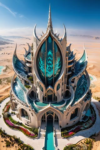 (best quality,  highres,  ultra high resolution,  masterpiece,  realistic,  extremely photograph,  detailed photo,  8K wallpaper,  intricate detail,  film grains), luxurious surreal scene of a giant vertical castle with dragon wings in parametric style, with fluid curves in black and white marble, metal and iridescent glass, inspired by Zaha Hadid, symmetrical, fluid curves and pointed corners, an aggressive and imposing design with a lot art deco detail, located in the Dubai desert, on a night surrounded by snow mountains with darkness, lightning, northern lights and rainbows, fire effects, with a starry sky and turquoise lakes with vegetation and flowers
