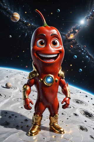 High definition photorealistic render of an incredible and mysterious character redchilli big with eyes and smile located in interstellar space with planets, shooting stars, meteorites, cosmic matter and interstellar space with stars, a vegetable that colonized a new place, in white marble with intricate gold details, luxurious details and parametric architectural style in marble and metal, epic pose
​