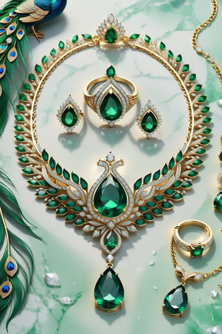 Photorealistic render in high definition of a jewelry set that includes a necklace, a bracelet, a ring and a pair of earrings, made of diamonds and green gemstones, this entire set must be themed in the shape of a peacock, until its presentation, the background should include swan feathers on a fabric background, iridescent glass and marble and luxurious oriental external decoration, full of elegant mystery, symmetrical, geometric and parametric details, Technical design, Ultra intricate details, Ornate details, Stylized details, Cinematic Lighting, 8k, Unreal, Photorealistic, Hyperrealism, CGI, VFX, SFX