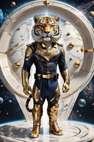 High definition photorealistic render of an incredible and mysterious character Police tiger standing on two legs, with Egyptian style and luxurious details on his suit, with eyes and smile located in interstellar space with planets, shooting stars, meteorites, cosmic matter and interstellar space with stars, a vegetable that colonized a new place, in white marble with intricate gold details, luxurious details and parametric architectural style in marble and metal, epic pose
​