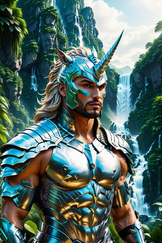 High definition photorealistic render of a incredible and mysterious mythological character of a warrior head unicorn animal beautifull this only head fusioned whit body men full body men, warrior gladiator armor mistycal full body, in a dense and thick jungle with mountains, trees with lianas and giant rocks with waterfall. whit luxury architecture parametric design in background, sky efect iridicent, blocks ice, with hypermaximalist details, marble, metal and glass parametric zaha hadid