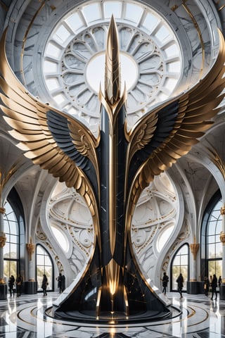 (best quality,  highres,  ultra high resolution,  masterpiece,  realistic,  extremely photograph,  detailed photo,  8K wallpaper,  intricate detail,  film grains),  Photorealistic representation of a luxurious parametric sculpture in marble and metal of a mega rocket with wings, inspired by the sculptural designs of Zaha Hadid, it must be symmetrical and with shapes similar to the wings, and in the middle there must be a sword with a gothic and general design, all with curves very fluid and pointed corners, an aggressive and imposing design with a lot of details in each parametric curve, the design must be inside a castle with marble and a throne with details in precious stones, the composition must have fire pits and water fountains decorative and smoke and dust particles