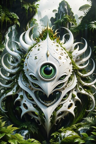 High definition photorealistic render of an incredible and mysterious futuristic mythical creating creature inusual big whit multiples eyes, with many and many eyes. in splosion monster with parametric shape and structure in the word, curved and fluid shapes in a thick jungle full of a lot of vegetation and trees with vines and rocks with moss, in white marble with intricate gold details, luxurious details and parametric architectural style in marble and metal, epic pose
​