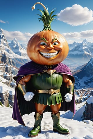 High definition photorealistic render of an incredible and mysterious character of a head mr onion vegetable warrior, with muscles and a big smile, with boots and capes, in a mountains snow, with luxurious details in marble and metal and details in parametric architecture and art deco, the vegetable It must be the head of the character full body pose themed onion themed costumes, magical phantasy