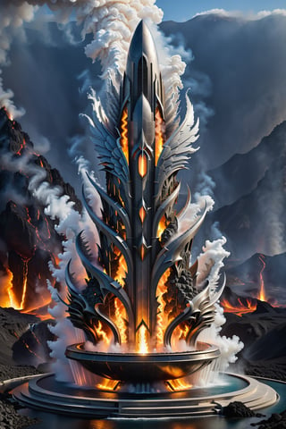 (best quality,  highres,  ultra high resolution,  masterpiece,  realistic,  extremely photograph,  detailed photo,  8K wallpaper,  intricate detail,  film grains), luxurious parametric sculpture in marble and metal of a mega rocket with giant wings in glass, in marble and metal in an active volcano, erupting lava and fire and smoke, inspired by the sculptural designs of Zaha Hadid, it must be symmetrical and with shapes similar to the wings, and in the middle there should be a sword with a gothic throne-style design and overall everything with very fluid curves and pointed corners, an aggressive and imposing design with a lot of details in each parametric curve, the design should be inside a castle with marble, fire pits and decorative water fountains and particles of smoke and dust, details in precious stones