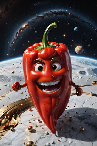 High definition photorealistic render of an incredible and mysterious character red pepper with eyes and smile located in interstellar space with planets, shooting stars, meteorites, cosmic matter and interstellar space with stars, a vegetable that colonized a new place, in white marble with intricate gold details, luxurious details and parametric architectural style in marble and metal, epic pose
​