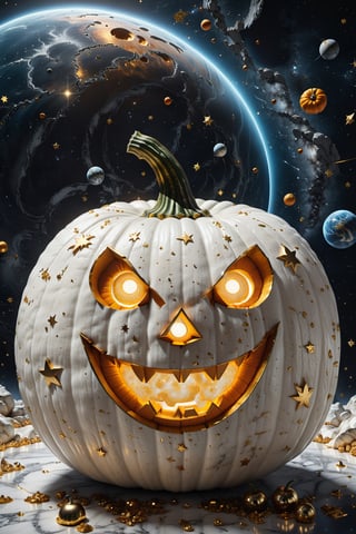 High definition photorealistic render of an incredible and mysterious character pumpkin with eyes and smile located in interstellar space with planets, shooting stars, meteorites, cosmic matter and interstellar space with stars, a vegetable that colonized a new place, in white marble with intricate gold details, luxurious details and parametric architectural style in marble and metal, epic pose
​