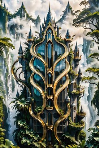 (best quality,  highres,  ultra high resolution,  masterpiece,  realistic,  extremely photograph,  detailed photo,  8K wallpaper,  intricate detail,  film grains), luxurious surreal scene of a giant vertical castle with dragon and hypersound rocket in parametric style, with flowing curves in black and white marble, gold metal and iridescent glass, inspired by Zaha Hadid, symmetrical, flowing curves and pointed corners, an aggressive design and imposing with details in art deco style, located in a thick tropical jungle with large leaves and trees with vines and mosses and a lot of smoke and fog
