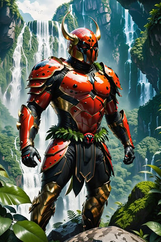 High definition photorealistic render of a incredible and mysterious mythological character of a warrior he must be standing, ladybug-men fusioned head ladybug animal fuioned whit full body men, warrior gladiator armor mistycal full body, in a dense and thick jungle with mountains, trees with lianas and giant rocks with waterfall cliffs and gold and dark green details, whit luxury architecture parametric design in background, sky efect iridicent, blocks ice, with hypermaximalist details, marble, metal and glass parametric zaha hadid