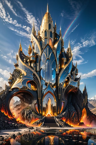 (best quality,  highres,  ultra high resolution,  masterpiece,  realistic,  extremely photograph,  detailed photo,  8K wallpaper,  intricate detail,  film grains), luxurious surreal scene of a giant vertical castle with dragon and hypersound rocket in parametric style, with flowing curves in black and white marble, gold metal and iridescent glass, inspired by Zaha Hadid, symmetrical, flowing curves and pointed corners, an aggressive design and imposing with details in art deco style, located in a shocking, dreamlike and resplendent desert of mirrors with rivers of luminous lava and perpetual rainbows in a volcanic environment of rocks and mountains with reflections of the lava in the mirrors and rainbows in the sky