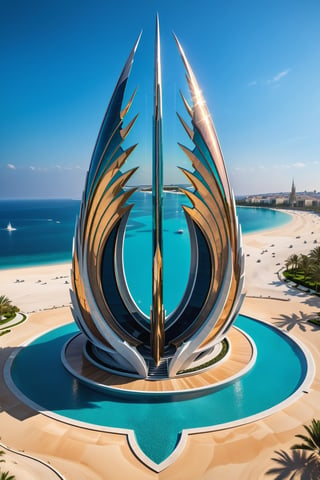 (best quality,  highres,  ultra high resolution,  masterpiece,  realistic,  extremely photograph,  detailed photo,  8K wallpaper,  intricate detail,  film grains),luxurious parametric sculpture in marble and metal of a mega rocket with giant glass wings, in marble and iridescent metal, rainbow, located on a luxurious beach with sand invading the design and turquoise lakes with beautiful palm trees, inspired by the sculptural designs of Zaha Hadid , it must be symmetrical and with shapes similar to wings, and in the middle there must be a sword with a Gothic throne-style design and everything with very fluid curves and pointed corners, an aggressive and imposing design with a lot of details in each parametric curve, the design should be inside a castle with marble, fire pits and decorative water fountains and particles of smoke and dust, details in precious stones, art deco details