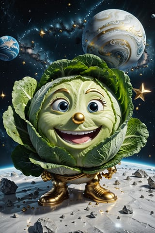 High definition photorealistic render of an incredible and mysterious character cabbage with eyes and smile located in interstellar space with planets, shooting stars, meteorites, cosmic matter and interstellar space with stars, a vegetable that colonized a new place, in white marble with intricate gold details, luxurious details and parametric architectural style in marble and metal, epic pose
​
