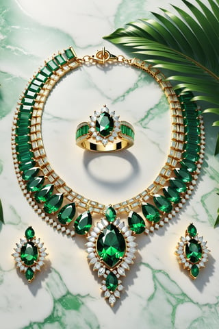 (best quality, highres, ultra high resolution, masterpiece, realistic, extremely photograph, detailed photo, 8K wallpaper, intricate detail, film grains) photorealistic render in high definition of an inspiration of a green palm tree of a jewelry set that includes a necklace, a bracelet, a ring and a pair of earrings, all of these must be made of diamonds and green precious stones, since they must be themed or symbolically represent a parmera, the jewelry set must be in marble and iridescent glass and marble and luxurious oriental external decoration, full of elegant mystery, symmetrical, geometric and parametric details, Technical design, Ultra intricate details, Ornate details, Details stylized, Cinematic Lighting, 8k, Unreal, Photorealistic, Hyperrealism, CGI, VFX, SFX