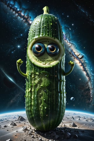 High definition photorealistic render of an incredible and mysterious monstrous cucumber with eyes located in interstellar space with planets, shooting stars, meteorites, cosmic matter and interstellar space with stars, luxurious details and parametric architectural style in marble and metal, epic pose
​