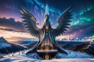 (best quality, high resolution, ultra high resolution, masterpiece, realistic, extremely photography, detailed photo, 8K wallpaper, intricate details, film grains), luxurious parametric marble sculpture on a snowy mountain on a rainy night and dark with the sky full of northern lights and lightning, in metal of a mega rocket with giant glass wings, inspired by the sculptural designs of Zaha Hadid, it must be symmetrical and with shapes similar to the wings, and in the middle there must be a sword with a gothic throne-style design and in general everything with very fluid curves and pointed corners, an aggressive and imposing design with many details in each parametric curve, the design should be inside a castle with marble, fireplaces and decorative water fountains and smoke and dust particles, details in precious stones.