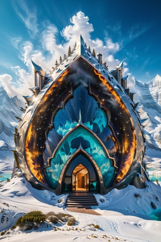 (best quality,  highres,  ultra high resolution,  masterpiece,  realistic,  extremely photograph,  detailed photo,  8K wallpaper,  intricate detail,  film grains), luxurious surreal scene of a giant castle in the shape of a shield, arrow and dragon in parametric style in marble, metal and iridescent glass, located in the desert of Dubai, surrounded with mountains of snow on a night of snow particles in the air with smoke, lightning, ice, cold, northern lights and rainbows fire effects, with a starry sky and turquoise lakes with vegetation and flowers, a design inspired by the sculptural designs of Zaha Hadid, must be symmetrical, and all with very curves fluid lines and sharp corners, an aggressive and imposing design with lots of detail in each parametric curve