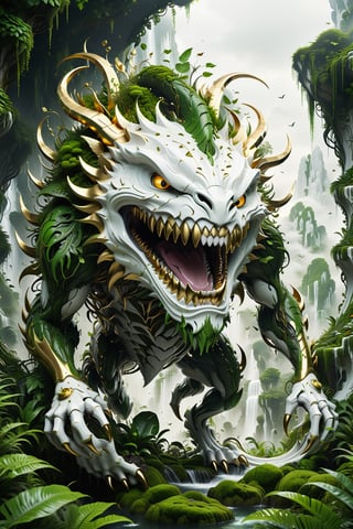 High definition photorealistic render of an incredible and mysterious futuristic mythical creating creature inusual big with multiple and many teeth terrorific smile and thin legs in splosion monster with parametric shape and structure in the word, curved and fluid shapes in a thick jungle full of a lot of vegetation and trees with vines and rocks with moss, in white marble with intricate gold details, luxurious details and parametric architectural style in marble and metal, epic pose
​