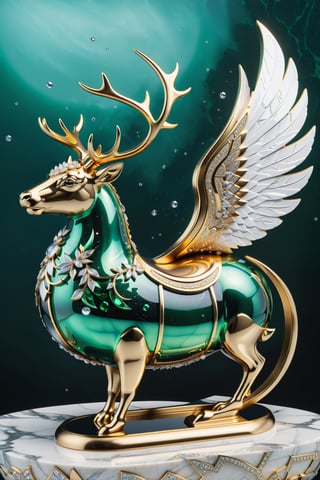 High definition photorealistic render of a luxury Beautiful Christmas sleigh with reindeer head, with beautiful antlers and giant golden wings in parametric and biomimetic style with luxury ornament, with crystal details with iridescent and holographic effect in the hollow parts, located in a mythical Christmas scene, a mysterious city at night with many houses impregnated with Christmas, in red, green and white colors, a scene with sculpted sculptural decorations, at the bottom of the sea, with fish, marine life and bubbles, ice effects, with fluid and organic shapes, with precious stones, metal and marble, gold, with a background where a parametric sculpture with dragon wings appears, in metal, marble and iridescent glass, with precious diamonds, with symmetrical curves in the shape of wings on a marble background, black and white details, swarowski chaotic, inspired by Zaha Hadid's style, golden iridescence, with black and white details. The design is inspired by the main stage of Tomorrowland 2022, with ultra-realistic Art Deco details and a high level of image complexity iridescence, a photograph with professional photography parameters with focal aperture and depth of field