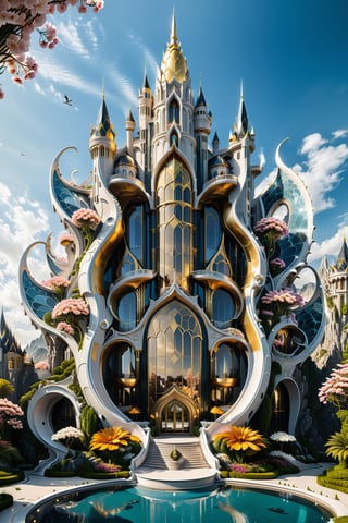 (best quality,  highres,  ultra high resolution,  masterpiece,  realistic,  extremely photograph,  detailed photo,  8K wallpaper,  intricate detail,  film grains), luxurious surreal scene of a giant vertical castle with dragon and hypersound rocket in parametric style, with flowing curves in black and white marble, gold metal and iridescent glass, inspired by Zaha Hadid, symmetrical, flowing curves and pointed corners, an aggressive design and imposing with art deco style details, located in a giant lagoon full of octopuses and unicorns, with flowers and waterfalls