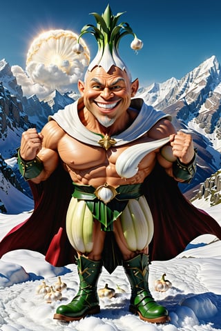 High definition photorealistic render of an incredible and mysterious character of a head mr big head of garlic vegetable warrior, with muscles and a big smile, with boots and capes, in a mountains snow, with luxurious details in marble and metal and details in parametric architecture and art deco, the vegetable It must be the head of the character full body pose themed head of garlic themed costumes, magical phantasy